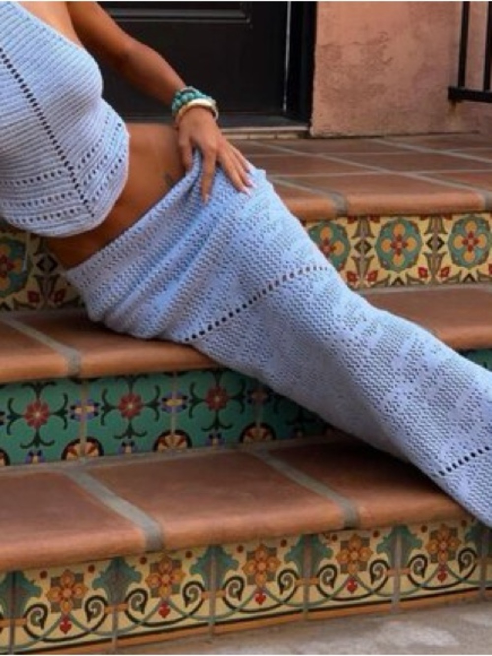 Outcast light blue bohemian boho Roxanne  Crochet Maxi Skirt sz small/medium NWT